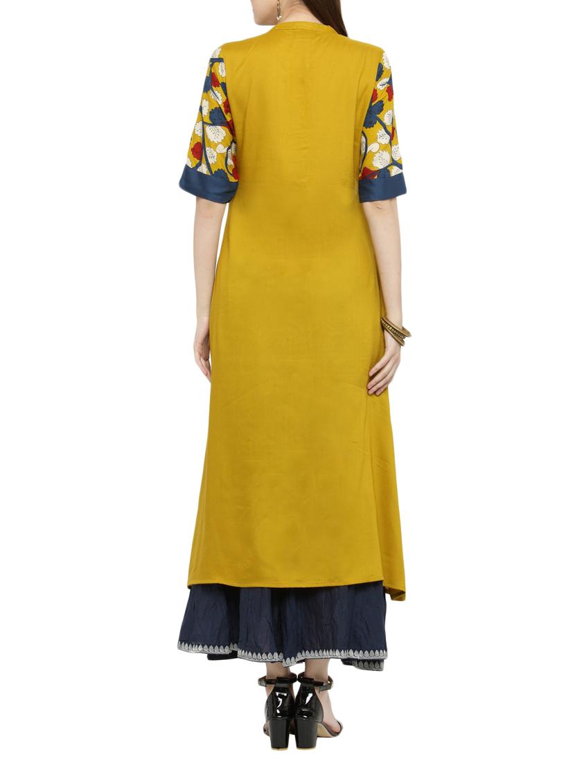 yellow viscose aline kurta - 14935777 - Zoom Image - 3
