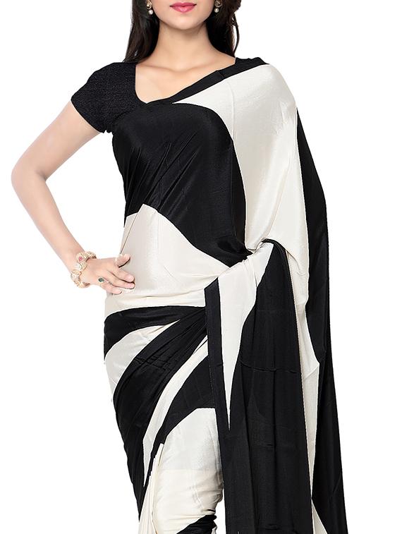white crepe printed saree with blouse - 14948266 - Zoom Image - 3