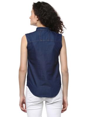 solid navy blue denim shirt - 14981570 - Standard Image - 3
