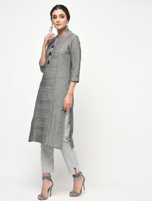 grey cotton straight kurta - 14981953 - Standard Image - 3