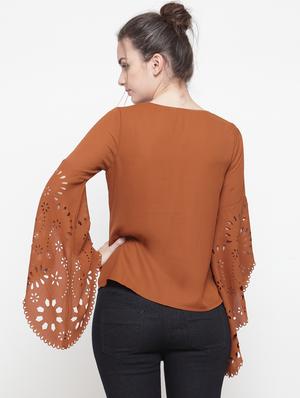 solid brown bell sleeved top - 14984835 - Standard Image - 3