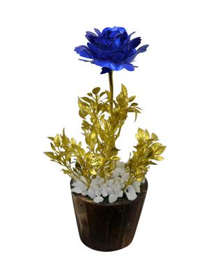 Artificial Flower Golden Rose with Tulsi (26 cm/ 10 inchs) in Wood round small pot - 14993963 - Standard Image - 3
