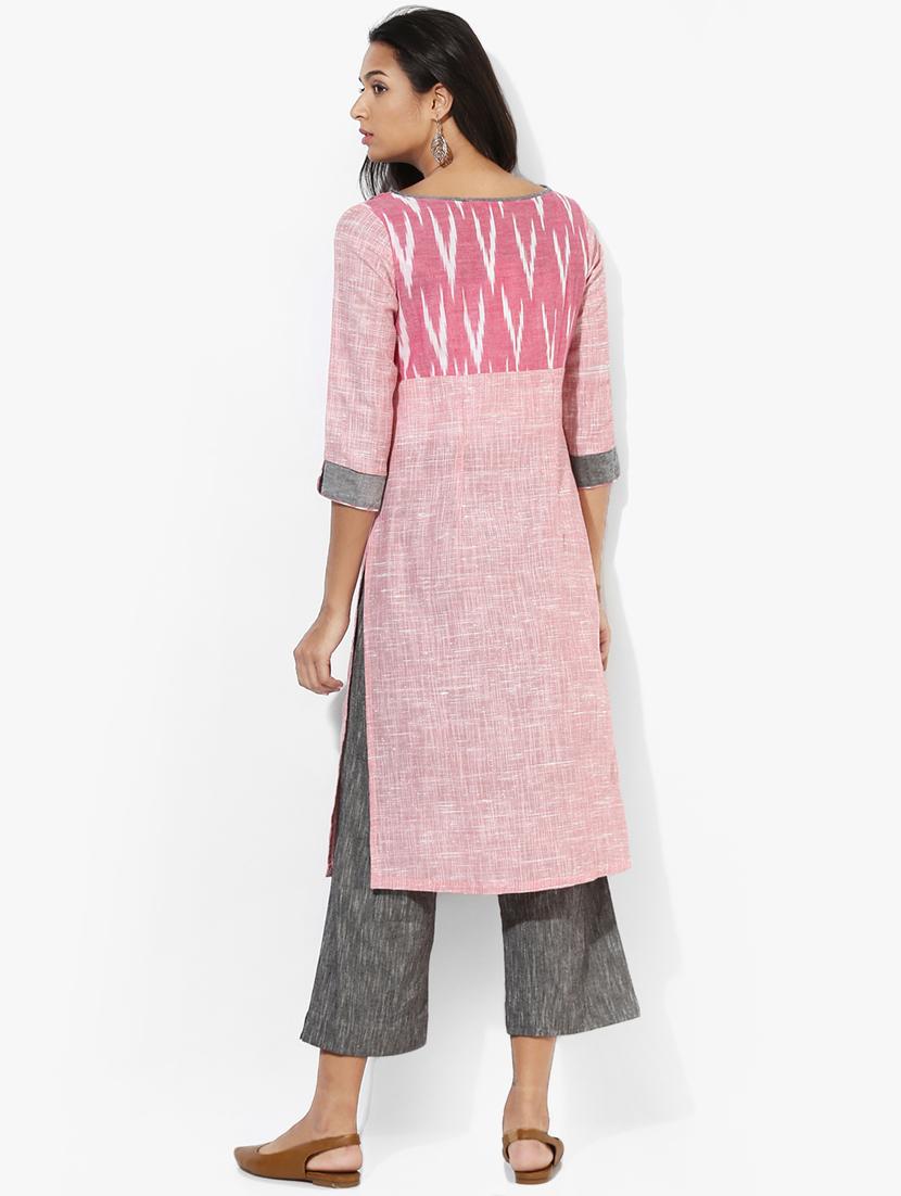 indian dobby pink khadi straight kurta - 15004499 - Zoom Image - 3