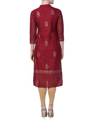 maroon cotton straight kurta - 15009370 - Standard Image - 3