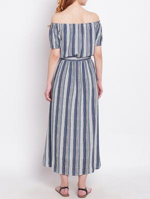 blue striped rayon off shoulder dress - 15011297 - Standard Image - 3