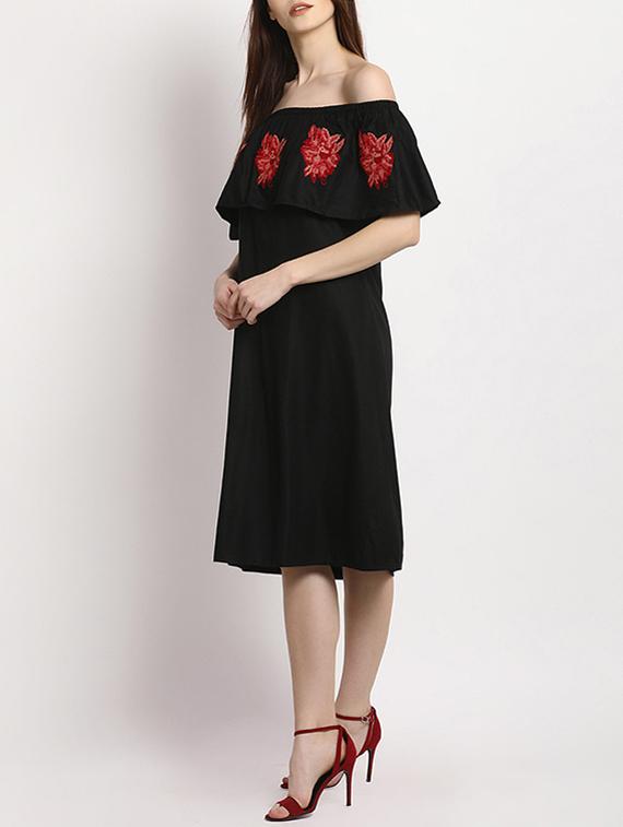 black embroidered rayon off shoulder dress - 15011312 - Zoom Image - 3