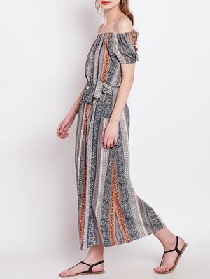 blue printed rayon off shoulder dress - 15011411 - Standard Image - 3