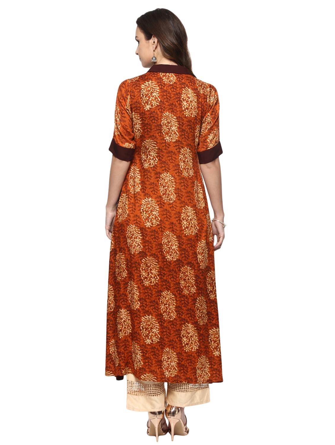 brown viscose high slit kurta - 15015121 - Zoom Image - 3