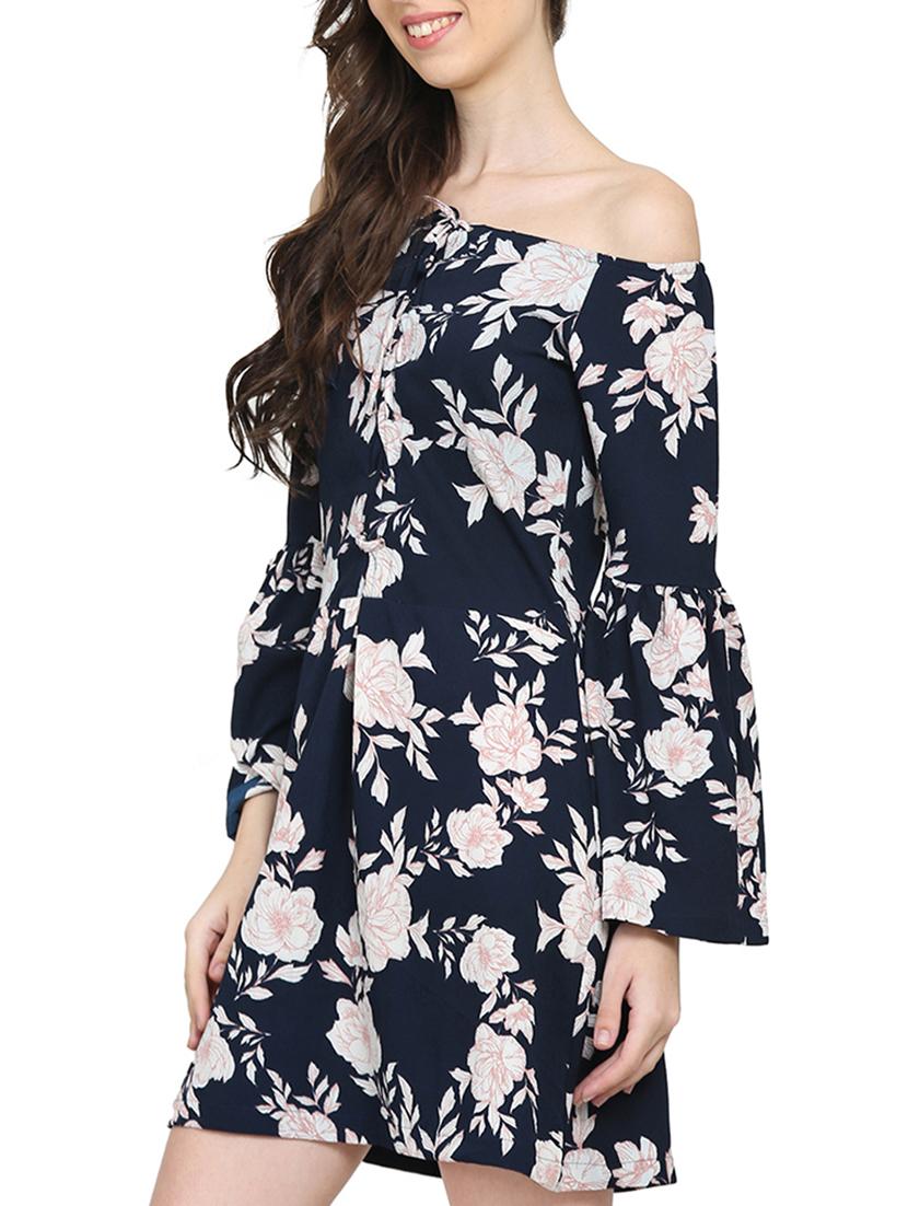 navy blue floral off shoulder dress - 15015526 - Zoom Image - 3