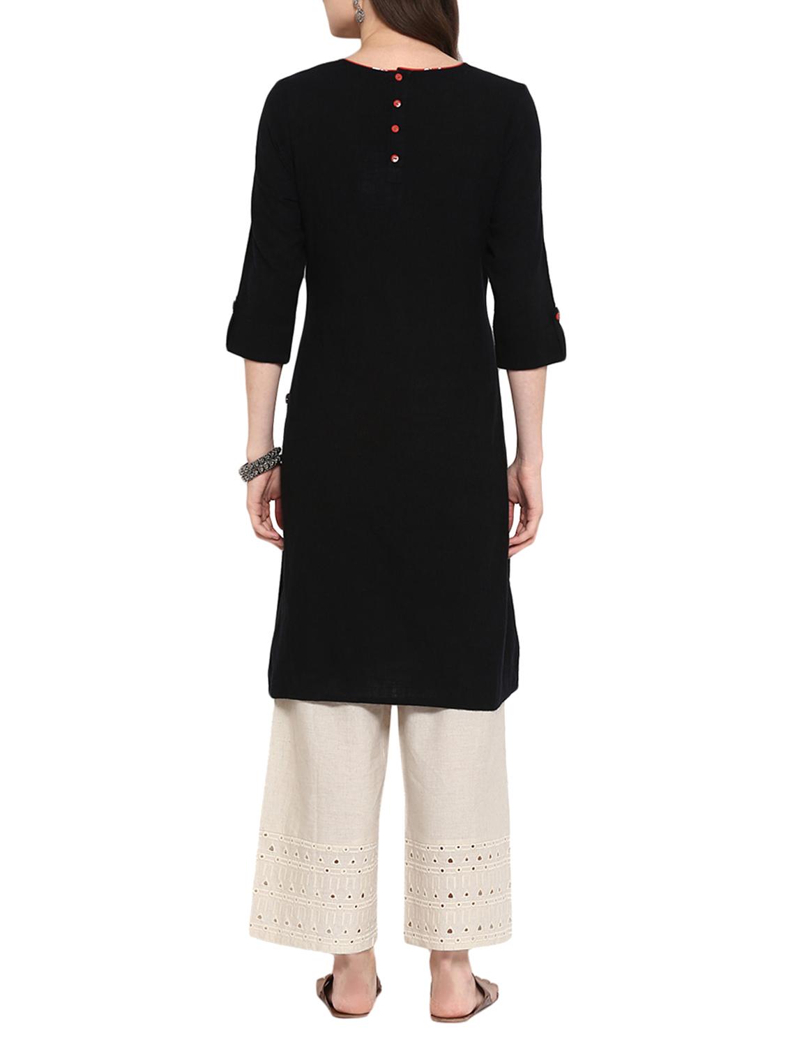 black cotton a-line solid kurta - 15015952 - Zoom Image - 3