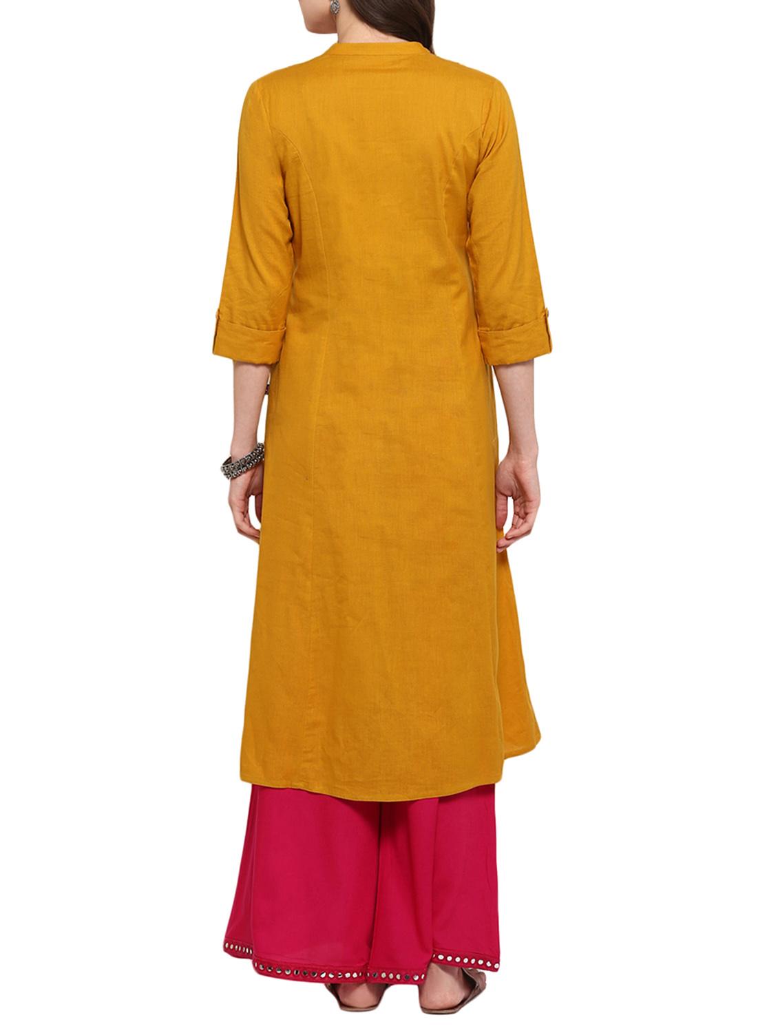 mustard cotton aline kurta - 15015956 - Zoom Image - 3