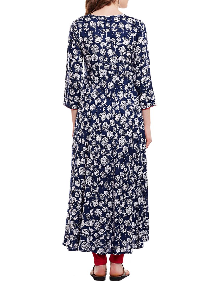 Indigo floral flared kurta - 15016058 - Zoom Image - 3