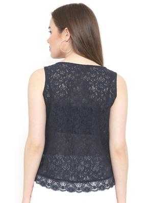 navy blue crepe crop top - 15016610 - Standard Image - 3