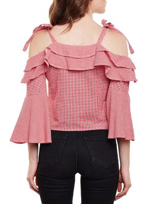 tie up cold shoulder checkered top - 15020112 - Standard Image - 3