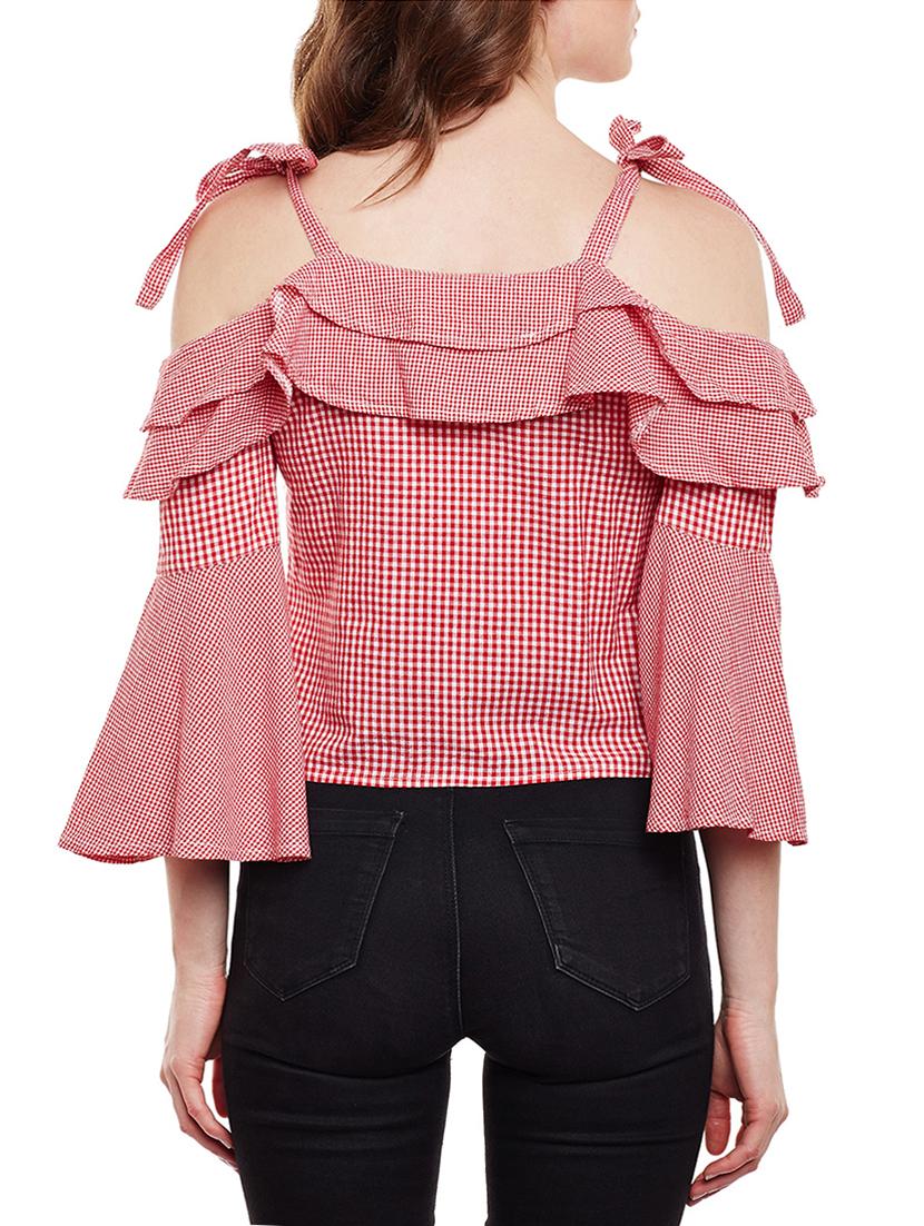tie up cold shoulder checkered top - 15020112 - Zoom Image - 3