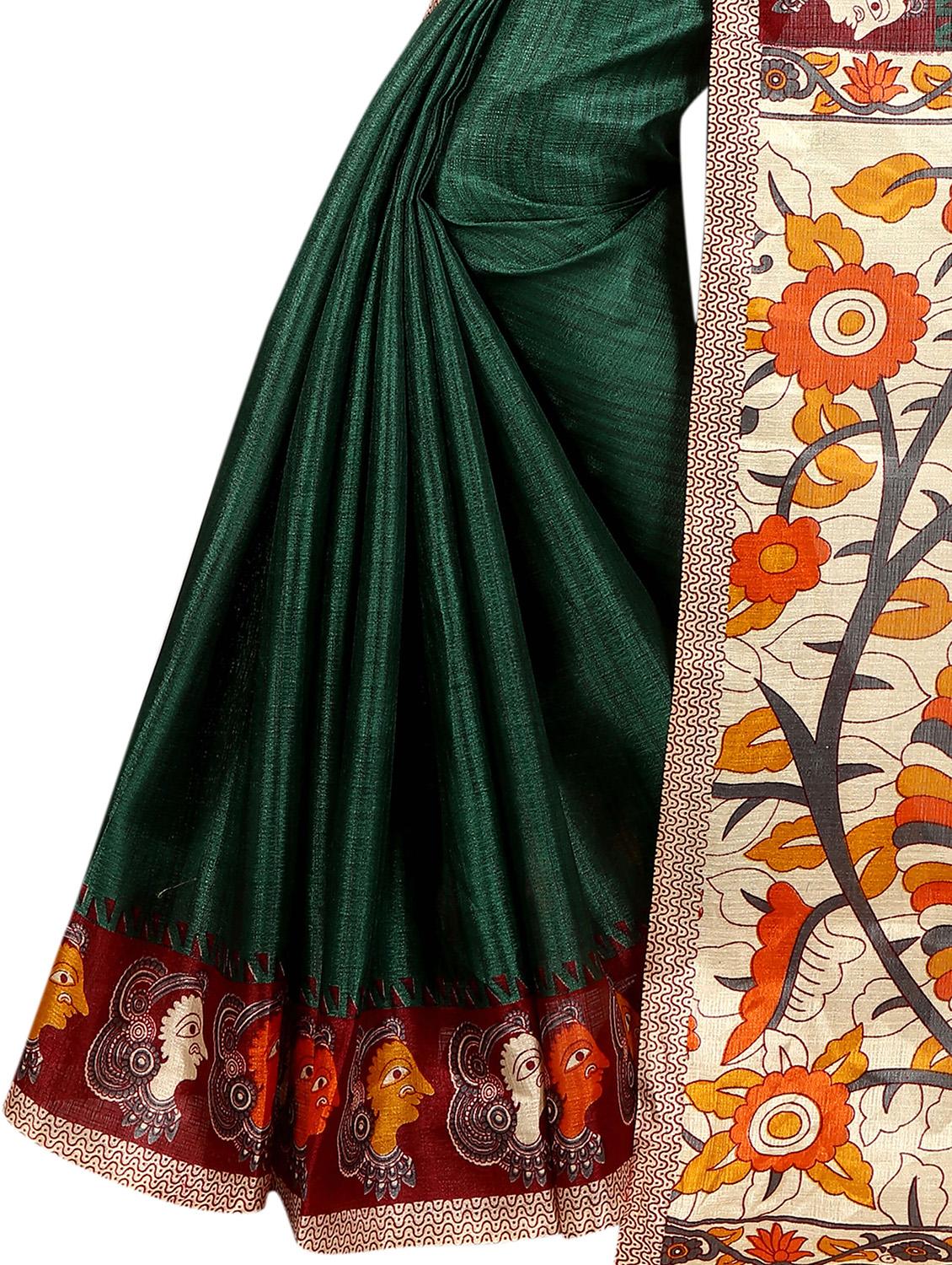 green khadi printed saree with blouse - 15022765 - Zoom Image - 3