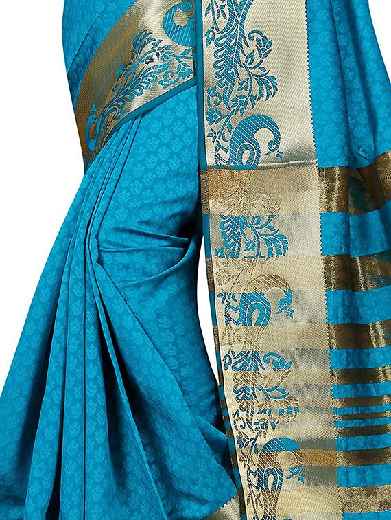 turquoise cotton blend woven saree with blouse - 15023478 - Zoom Image - 3