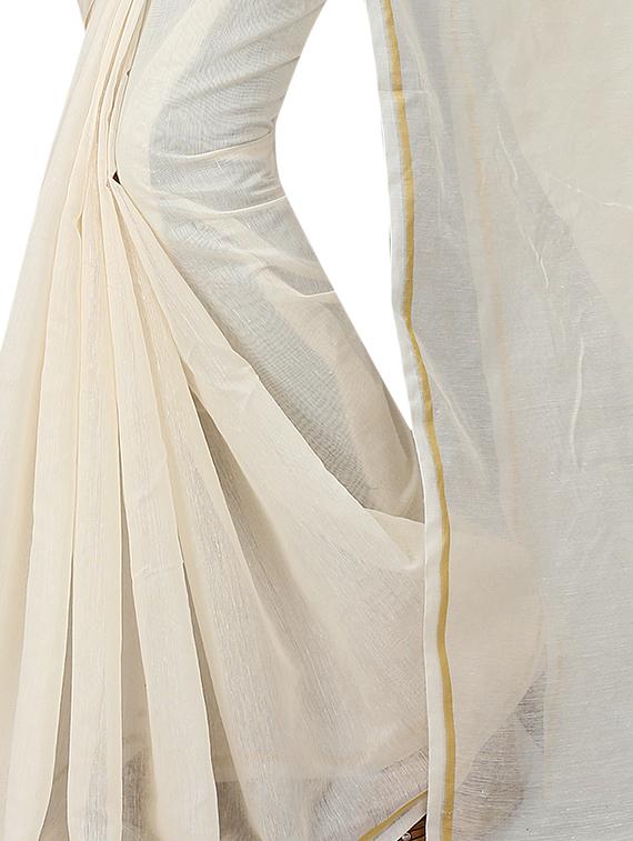 white cotton silk plain saree with blouse - 15023528 - Zoom Image - 3