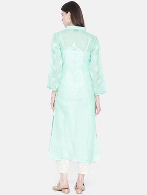 ada blue cotton straight chikankari kurta - 15024841 - Standard Image - 3