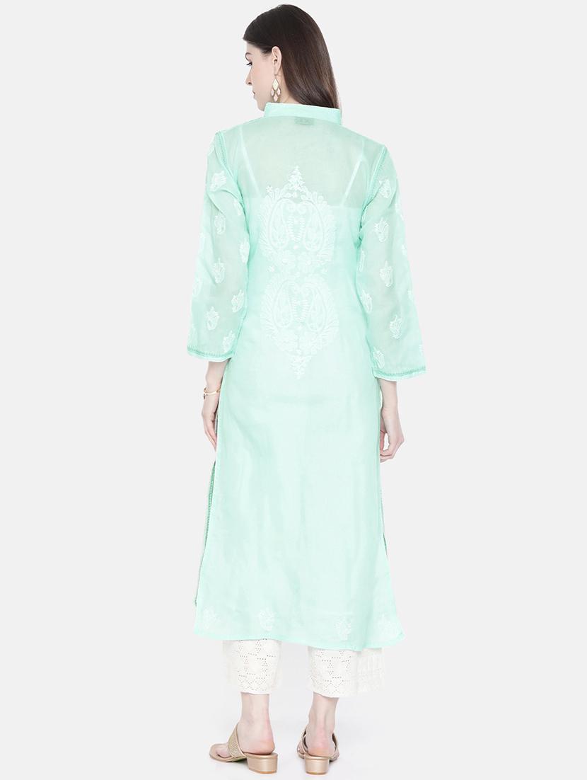 ada blue cotton straight chikankari kurta - 15024841 - Zoom Image - 3