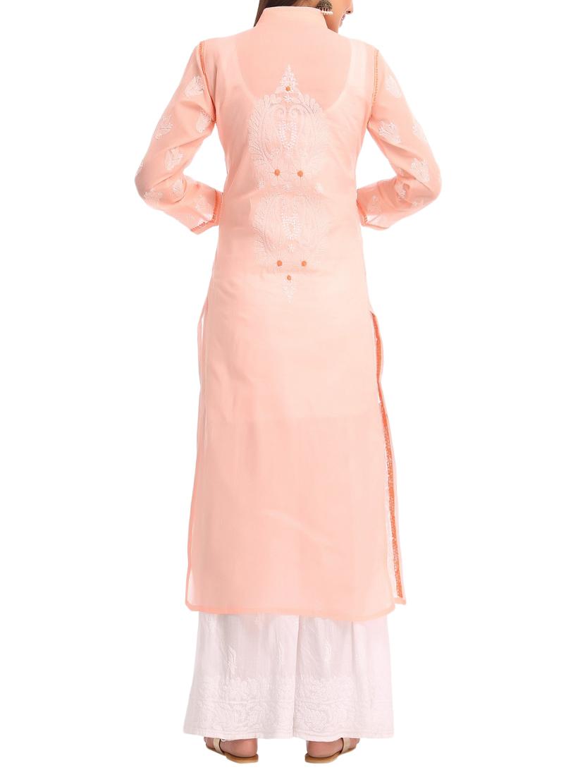 ada peach chikankari cotton straight kurta - 15024843 - Zoom Image - 3
