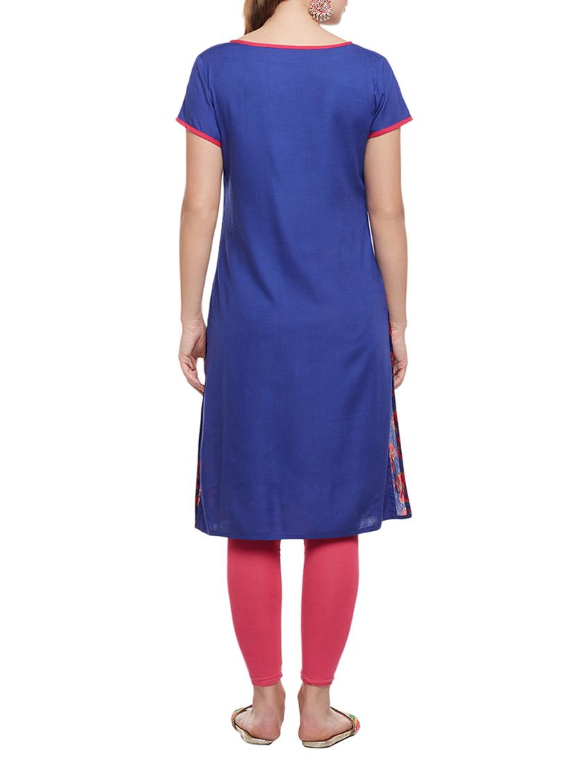blue cotton straight kurta - 15025568 - Zoom Image - 3