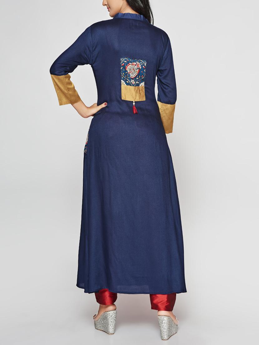blue rayon aline kurta - 15025926 - Zoom Image - 3