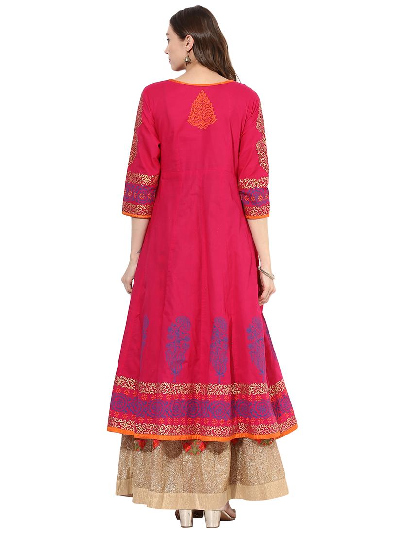 pink cotton flared kurta - 15026077 - Zoom Image - 3