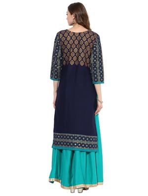 blue cotton straight kurta - 15026085 - Standard Image - 3