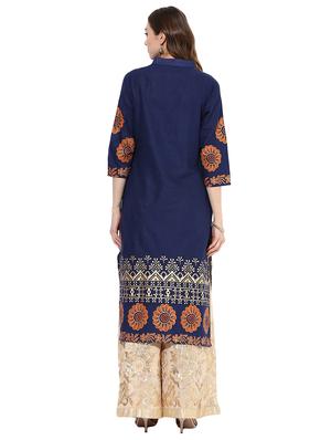 blue cotton straight kurta - 15026086 - Standard Image - 3