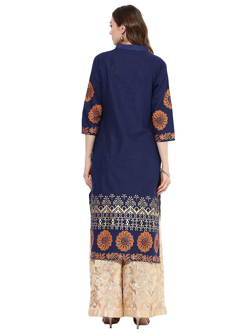 blue cotton straight kurta - 15026086 - Zoom Image - 3