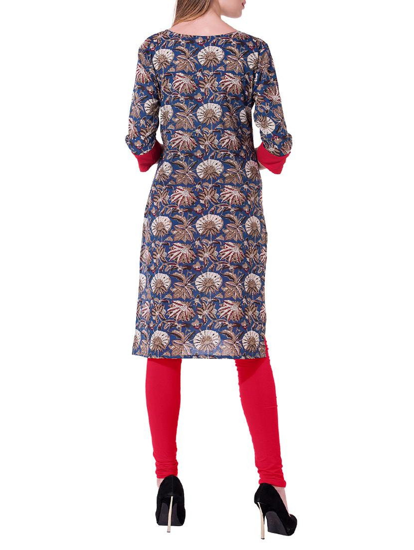blue cotton straight kurta - 15026100 - Zoom Image - 3