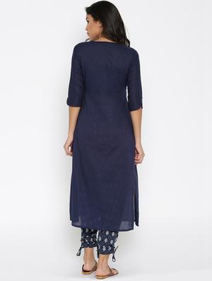 blue cotton solid a-line kurta - 15026273 - Standard Image - 3