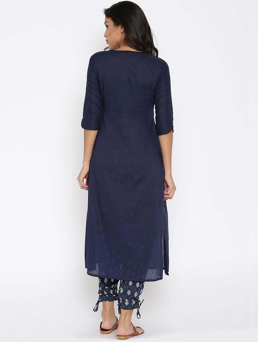 blue cotton solid a-line kurta - 15026273 - Zoom Image - 3