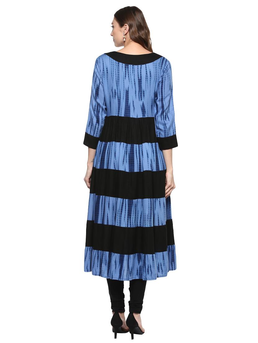 blue rayon tiered kurta - 15027472 - Zoom Image - 3