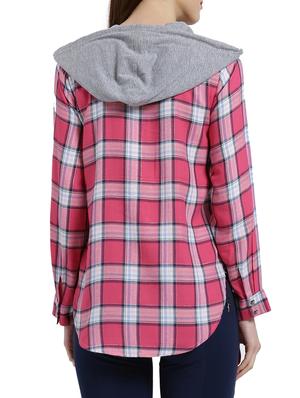 pink cotton checkered hooded shirt - 15028017 - Standard Image - 3