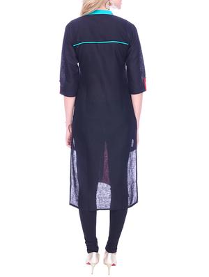 blue cotton straight kurta - 15030869 - Standard Image - 3