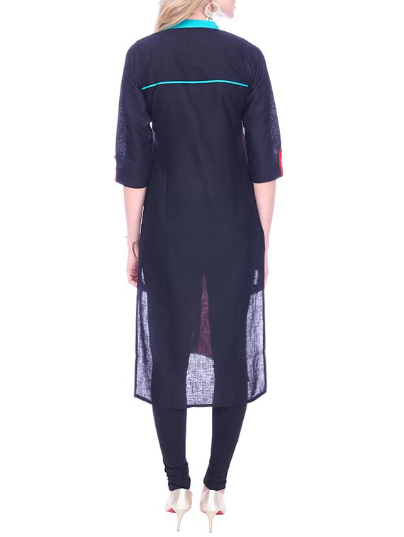 blue cotton straight kurta - 15030869 - Zoom Image - 3