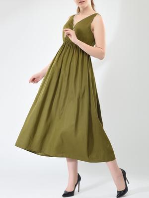 olive green solid cotton empire line dress - 15030981 - Standard Image - 3