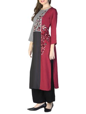 maroon rayon straight embroidered kurta - 15033008 - Standard Image - 3