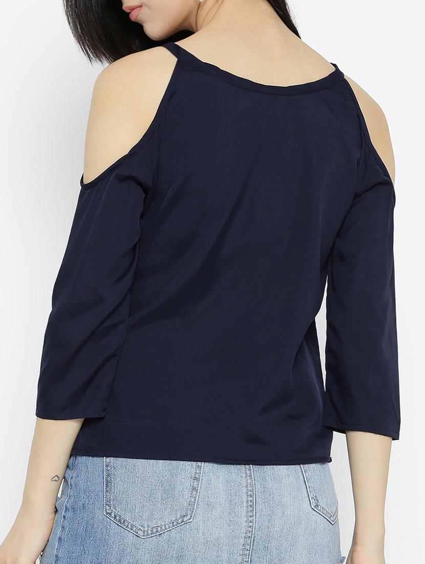 navy blue solid cold shoulder top - 15034258 - Zoom Image - 3