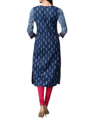 blue cotton straight kurta - 15052450 - Standard Image - 3