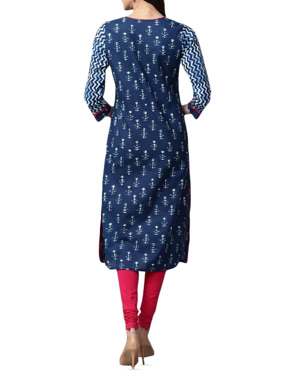 blue cotton straight kurta - 15052450 - Zoom Image - 3