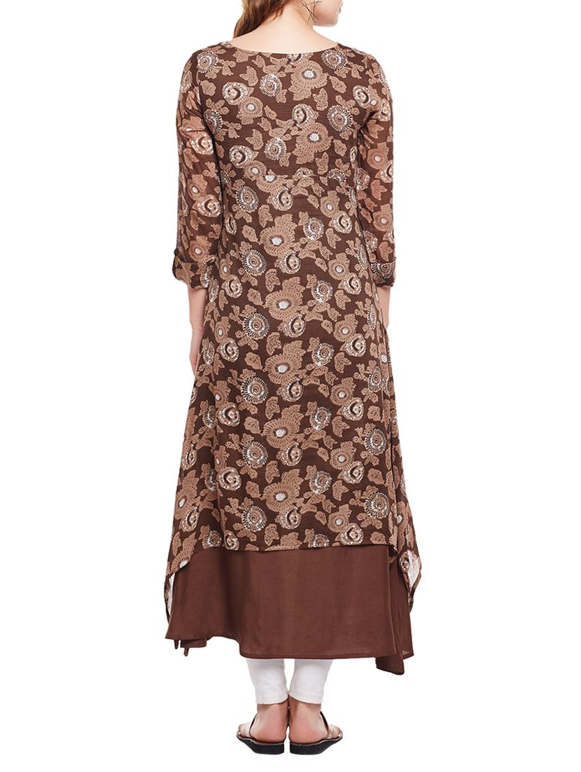 brown cotton layered kurta - 15056054 - Zoom Image - 3