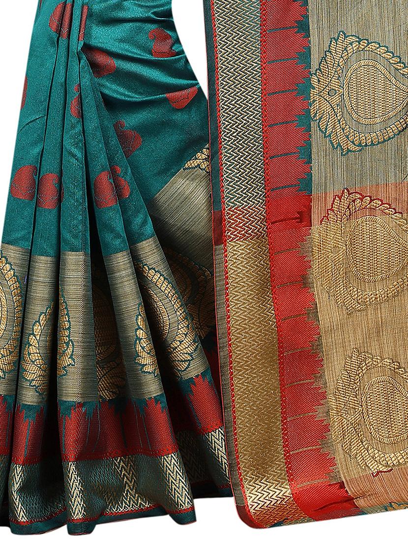 green cotton blend woven saree with blouse - 15057014 - Zoom Image - 3