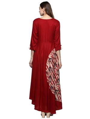 maroon rayon flared kurta - 15059595 - Standard Image - 3