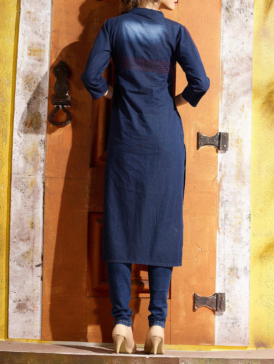 blue denim straight kurta - 15064179 - Zoom Image - 3