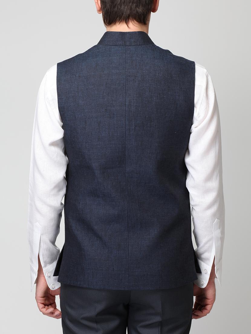 navy blue linen nehru jacket - 15064356 - Zoom Image - 3