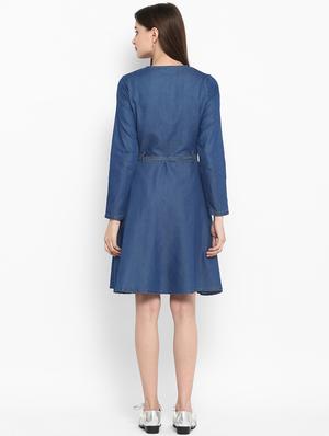 blue solid denim wrap dress - 15066892 - Standard Image - 3