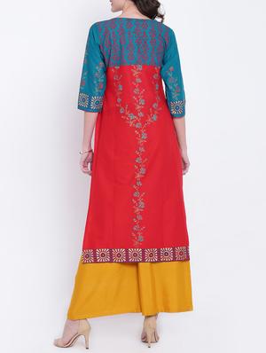 red cotton straight kurta - 15069435 - Standard Image - 3